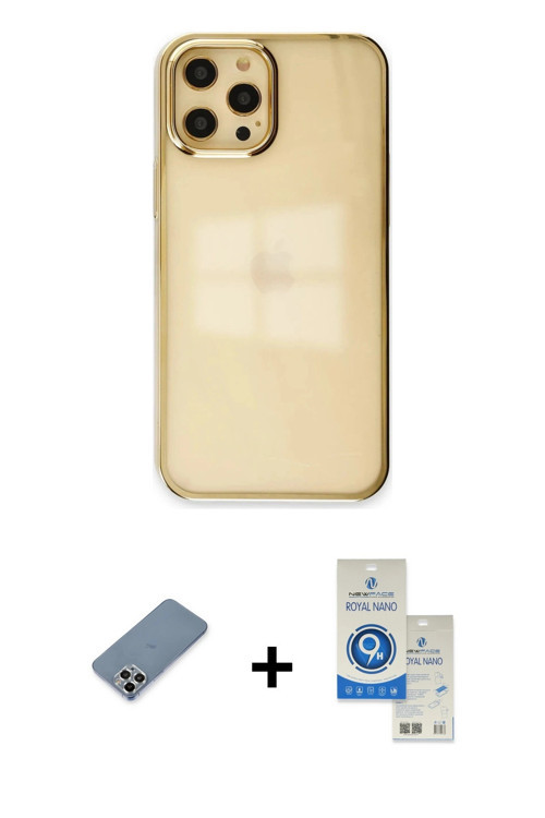 ieg™ iPhone 12 Pro Max Kılıf Doruk Doku Prime - Şeffaf Royal Nano Ekran Koruyucu + Gümüş Metal Kamer