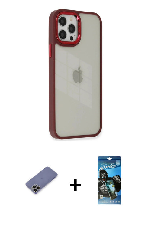 ieg™ iPhone 12 Pro Max Kılıf Eksen Doku Prime - Siyah 34D Izgaralı Cam + Gold Metal Kamera Lens Koru