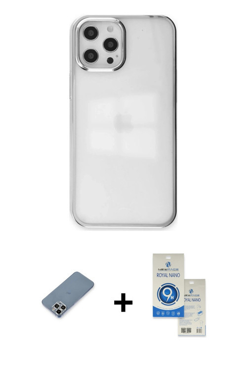 ieg™ iPhone 12 Pro Max Kılıf Doruk Doku Prime - Şeffaf Royal Nano Ekran Koruyucu + Gümüş Metal Kamer