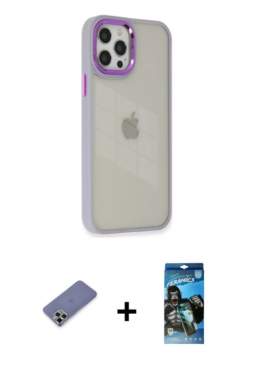 ieg™ iPhone 12 Pro Max Kılıf Eksen Doku Prime - Siyah 34D Izgaralı Cam + Gold Metal Kamera Lens Koru