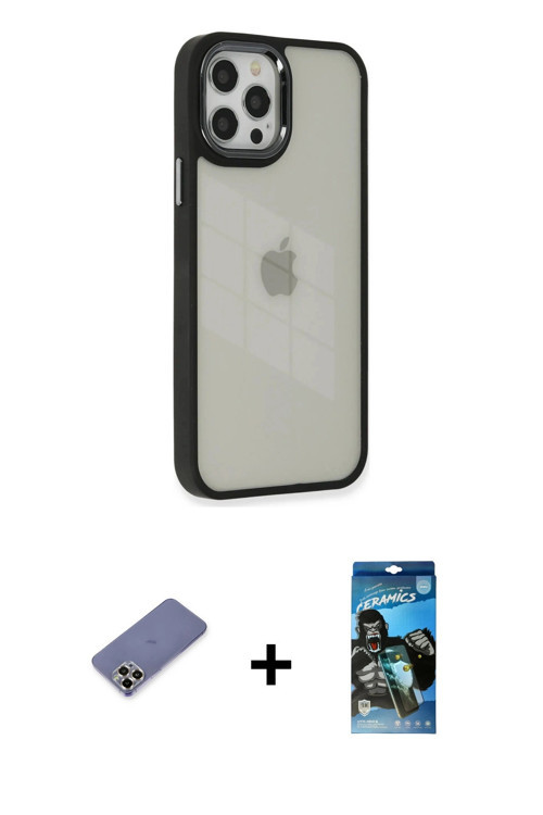 ieg™ iPhone 12 Pro Max Kılıf Eksen Doku Prime - Siyah 34D Izgaralı Cam + Gold Metal Kamera Lens Koru
