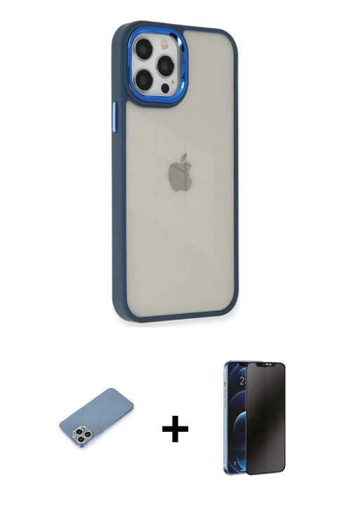 ieg™ iPhone 12 Pro Max Kılıf Eksen Doku Prime - Siyah 3D Antistatik Hayalet Cam Ekran Koruyucu + Güm