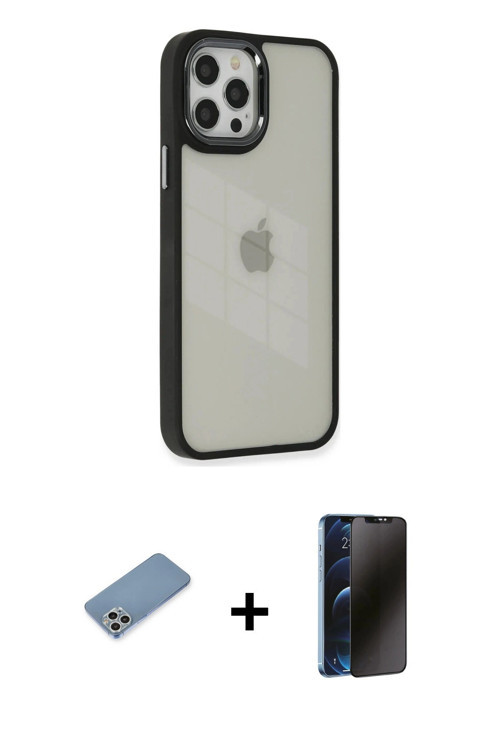 ieg™ iPhone 12 Pro Max Kılıf Eksen Doku Prime - Siyah 3D Antistatik Hayalet Cam Ekran Koruyucu + Güm