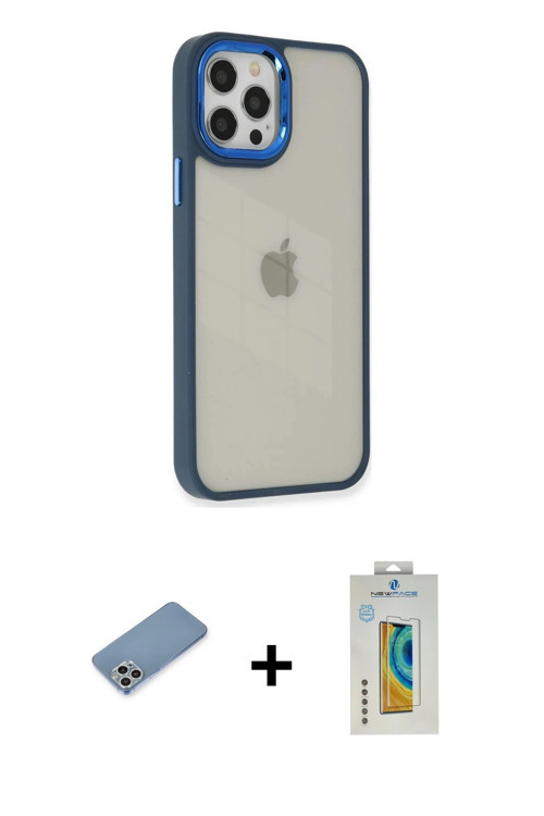 ieg™ iPhone 12 Pro Max Kılıf Eksen Doku Prime - Siyah Polymer Nano Ekran Koruyucu + Gümüş Shine Kame