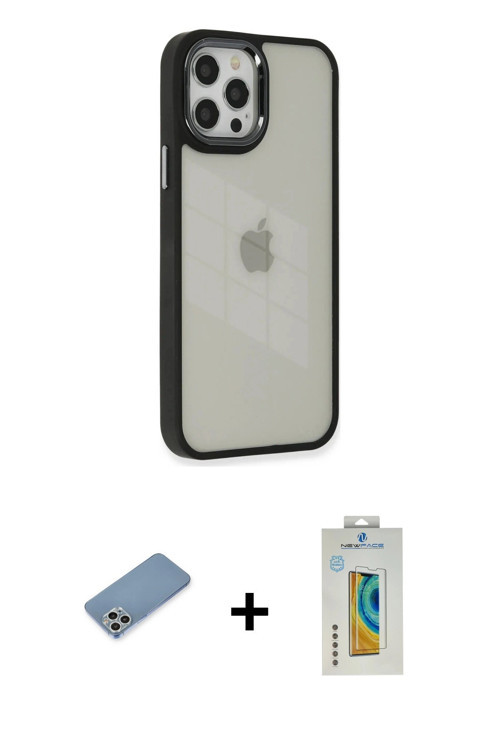 ieg™ iPhone 12 Pro Max Kılıf Eksen Doku Prime - Siyah Polymer Nano Ekran Koruyucu + Gümüş Shine Kame