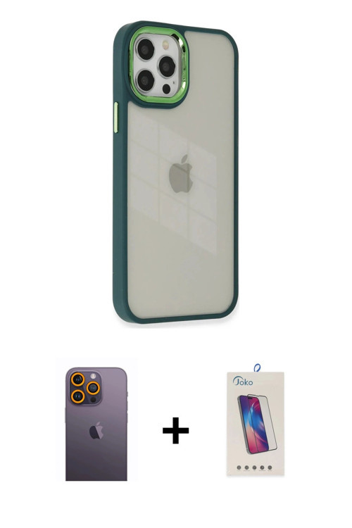 ieg™ iPhone 12 Pro Max Kılıf Eksen Doku Prime - Siyah Joko 5D Cam + Sarı Neon Fosforlu Kamera Lens