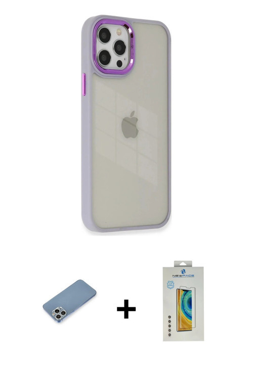 ieg™ iPhone 12 Pro Max Kılıf Eksen Doku Prime - Siyah Polymer Nano Ekran Koruyucu + Gümüş Shine Kame