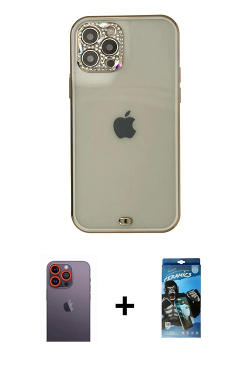 ieg™ iPhone 12 Pro Max Kılıf Eksen Minimal Koleksiyonu - Siyah 34D Izgaralı Cam + Turuncu Neon Fosfo