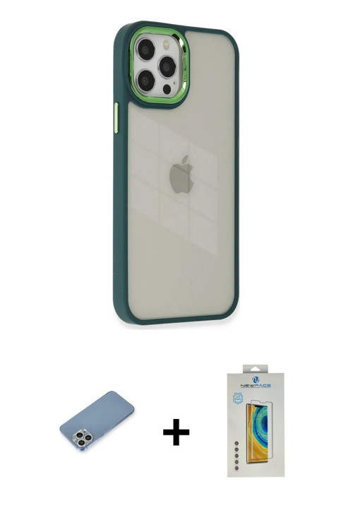 ieg™ iPhone 12 Pro Max Kılıf Eksen Doku Prime - Siyah Polymer Nano Ekran Koruyucu + Gümüş Shine Kame