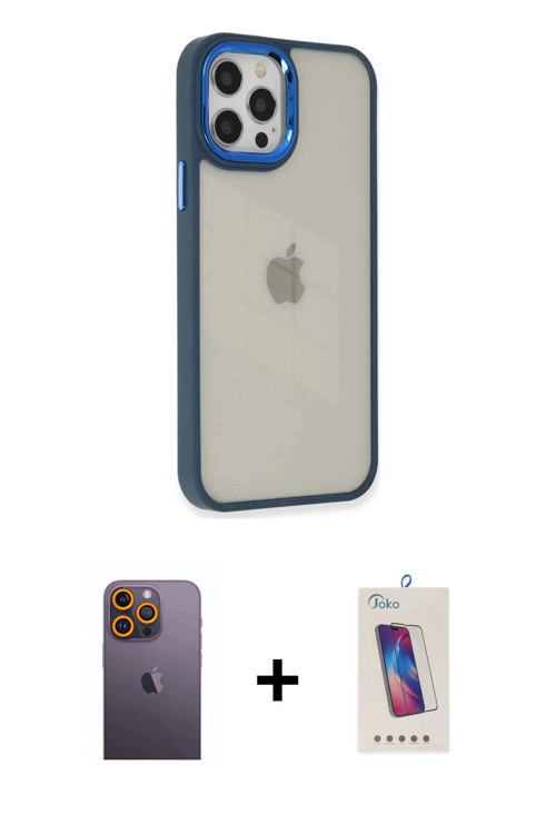 ieg™ iPhone 12 Pro Max Kılıf Eksen Doku Prime - Siyah Joko 5D Cam + Sarı Neon Fosforlu Kamera Lens