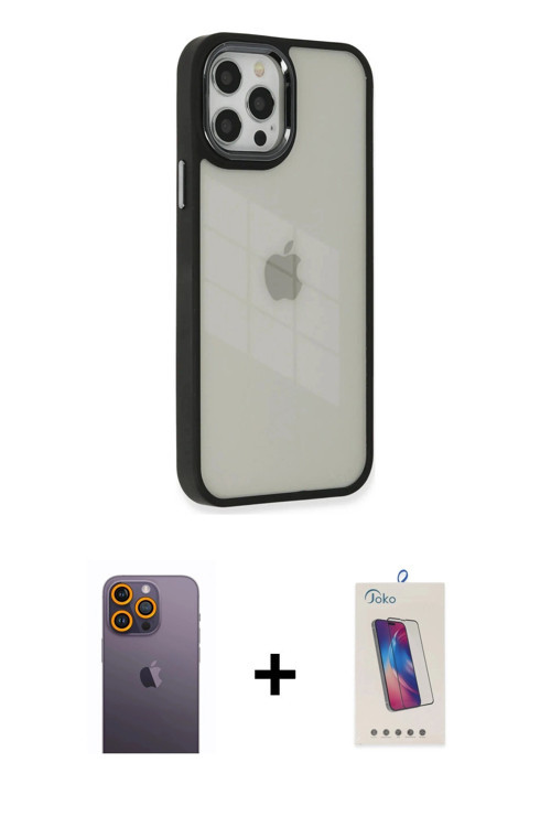 ieg™ iPhone 12 Pro Max Kılıf Eksen Doku Prime - Siyah Joko 5D Cam + Sarı Neon Fosforlu Kamera Lens