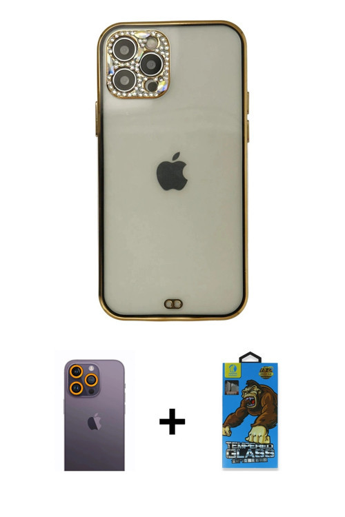 ieg™ iPhone 12 Pro Max Kılıf Eksen Minimal Koleksiyonu - Siyah 18D Cam Ekran Koruyucu + Sarı Neon Fo