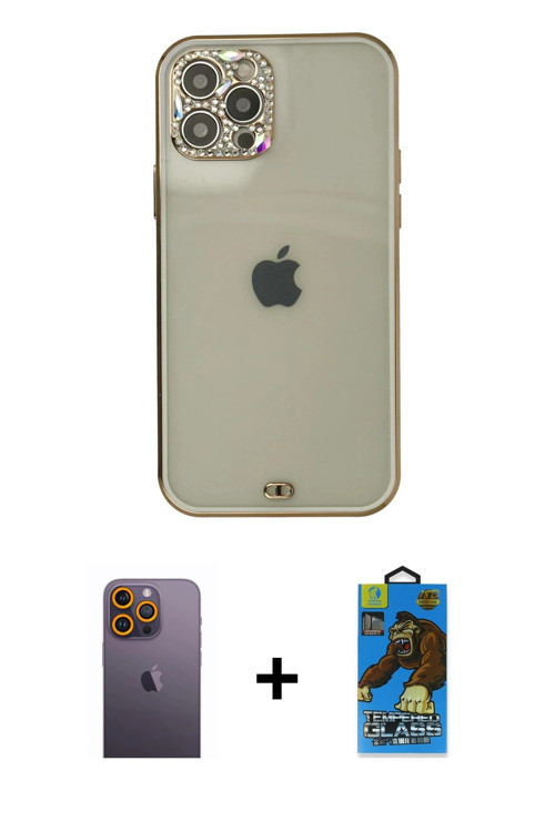ieg™ iPhone 12 Pro Max Kılıf Eksen Minimal Koleksiyonu - Siyah 18D Cam Ekran Koruyucu + Sarı Neon Fo
