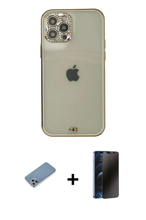 ieg™ iPhone 12 Pro Max Kılıf Eksen Minimal Koleksiyonu - Siyah 3D Antistatik Hayalet Cam Ekran Koruy