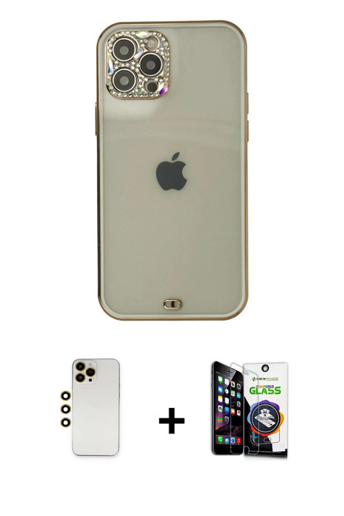 ieg™ iPhone 12 Pro Max Kılıf Eksen Minimal Koleksiyonu - Şeffaf Temperli Cam Ekran Koruyucu + Gold S