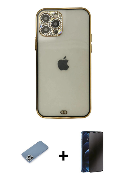 ieg™ iPhone 12 Pro Max Kılıf Eksen Minimal Koleksiyonu - Siyah 3D Antistatik Hayalet Cam Ekran Koruy