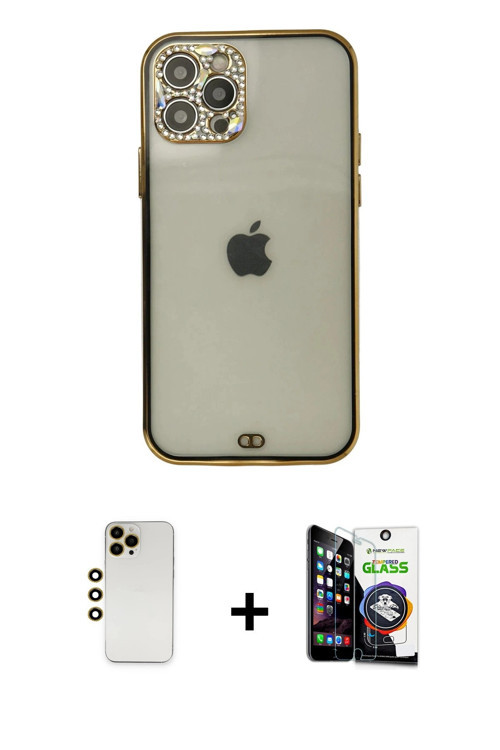 ieg™ iPhone 12 Pro Max Kılıf Eksen Minimal Koleksiyonu - Şeffaf Temperli Cam Ekran Koruyucu + Gold S