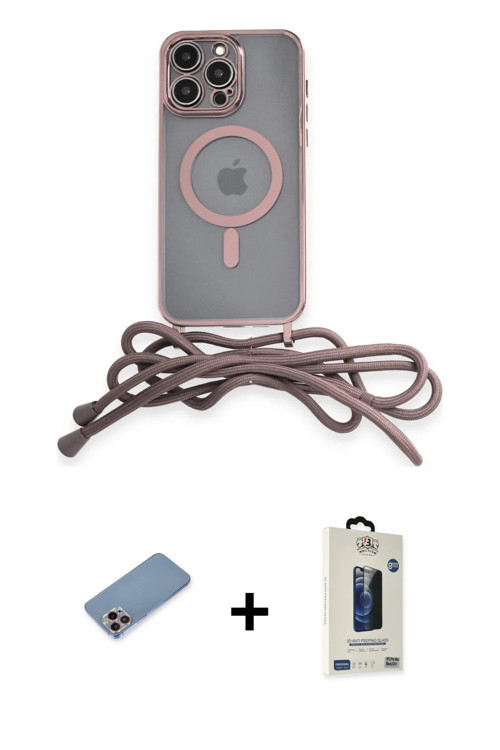 ieg™ iPhone 12 Pro Max Kılıf Eksen Özel Seri - Siyah Bilvis Hayalet Cam Ekran Koruyucu + Pembe Shine
