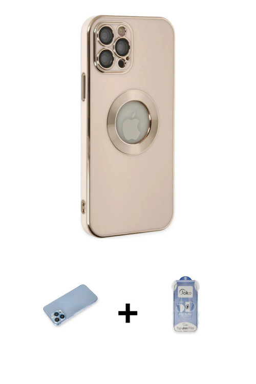 ieg™ iPhone 12 Pro Max Kılıf İz Form Serisi - Siyah Joko Magic 5D Cam + Mavi Shine Kamera Lens Korum