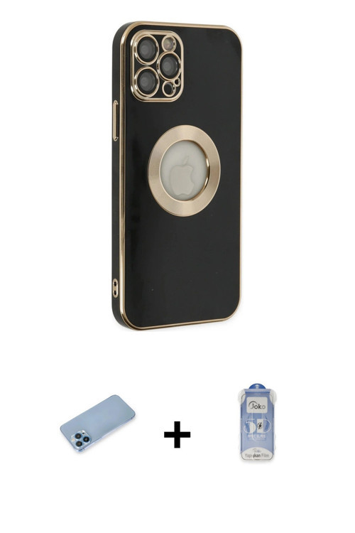 ieg™ iPhone 12 Pro Max Kılıf İz Form Serisi - Siyah Joko Magic 5D Cam + Mavi Shine Kamera Lens Korum