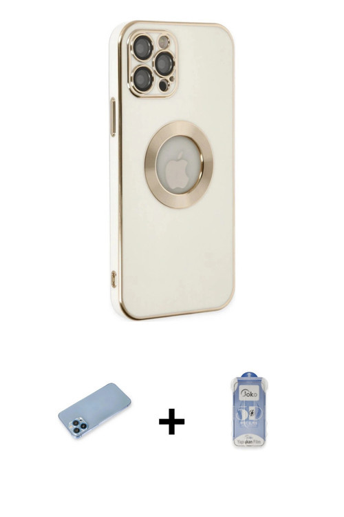 ieg™ iPhone 12 Pro Max Kılıf İz Form Serisi - Siyah Joko Magic 5D Cam + Mavi Shine Kamera Lens Korum