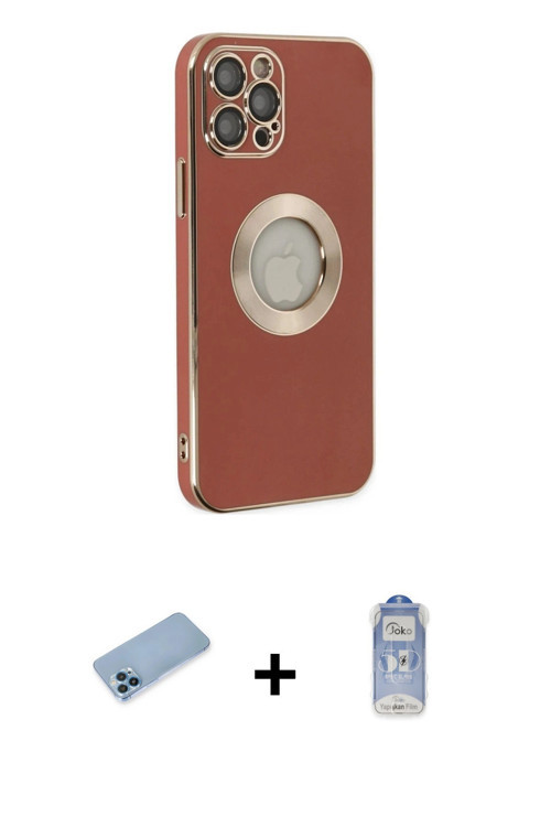 ieg™ iPhone 12 Pro Max Kılıf İz Form Serisi - Siyah Joko Magic 5D Cam + Mavi Shine Kamera Lens Korum