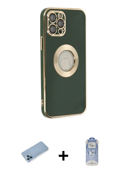 ieg™ iPhone 12 Pro Max Kılıf İz Form Serisi - Siyah Joko Magic 5D Cam + Mavi Shine Kamera Lens Korum