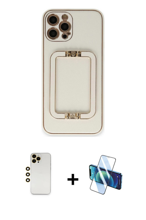ieg™ iPhone 12 Pro Max Kılıf Kozmos Minimal Prime - Siyah 3D Antistatik Cam Ekran Koruyucu + Gold Sh