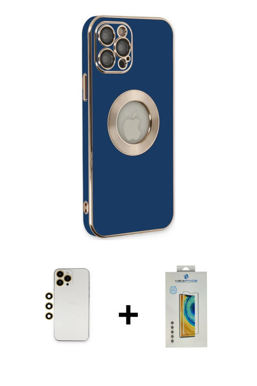 ieg™ iPhone 12 Pro Max Kılıf İz Form Serisi - Siyah Polymer Nano Ekran Koruyucu + Gold Shine Kamera