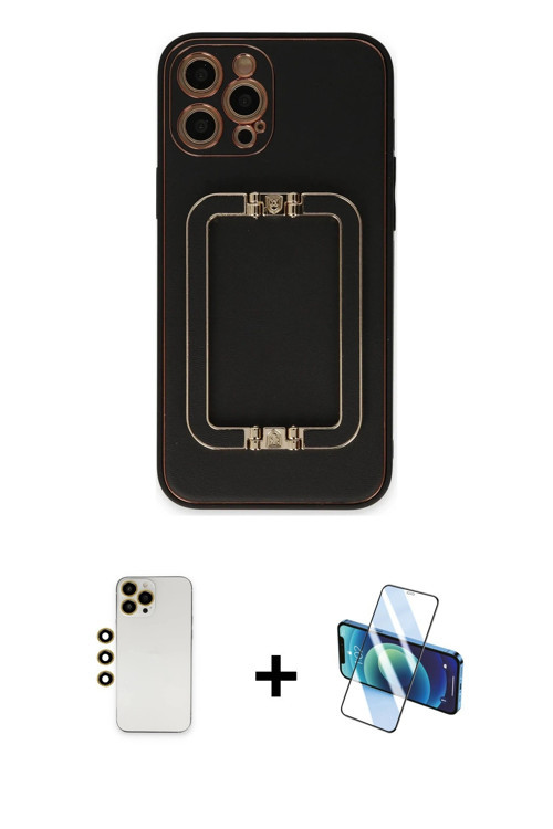 ieg™ iPhone 12 Pro Max Kılıf Kozmos Minimal Prime - Siyah 3D Antistatik Cam Ekran Koruyucu + Gold Sh