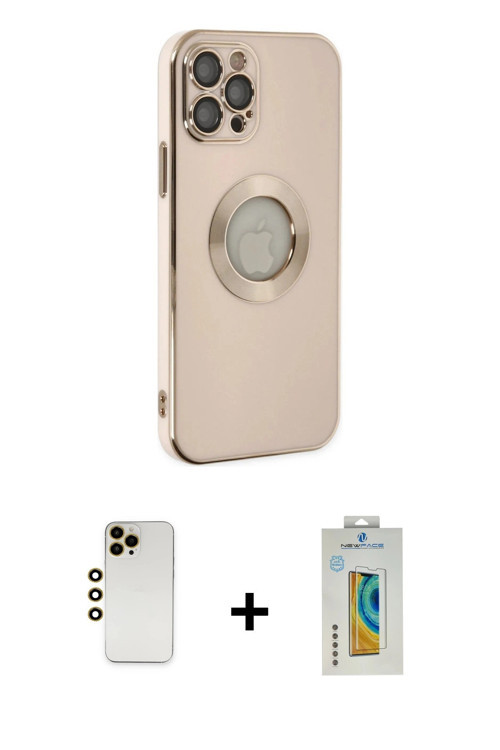 ieg™ iPhone 12 Pro Max Kılıf İz Form Serisi - Siyah Polymer Nano Ekran Koruyucu + Gold Shine Kamera