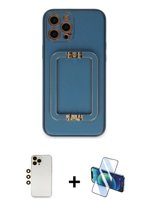 ieg™ iPhone 12 Pro Max Kılıf Kozmos Minimal Prime - Siyah 3D Antistatik Cam Ekran Koruyucu + Gold Sh