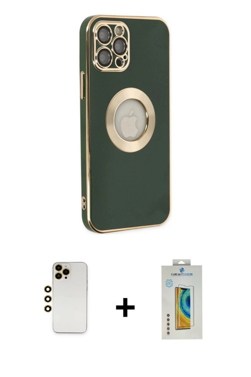 ieg™ iPhone 12 Pro Max Kılıf İz Form Serisi - Siyah Polymer Nano Ekran Koruyucu + Gold Shine Kamera