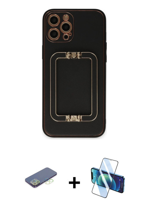ieg™ iPhone 12 Pro Max Kılıf Kozmos Minimal Prime - Siyah 3D Antistatik Cam Ekran Koruyucu + Yeşil R