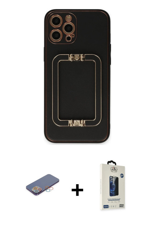 ieg™ iPhone 12 Pro Max Kılıf Kozmos Minimal Prime - Siyah Bilvis Hayalet Cam Ekran Koruyucu + Pembe