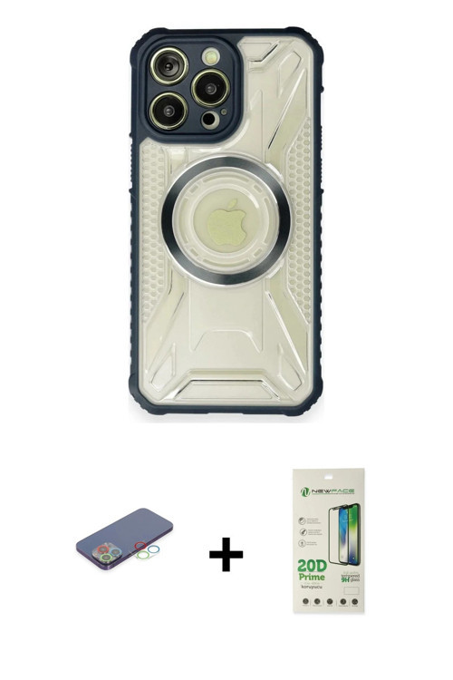 ieg™ iPhone 12 Pro Max Kılıf Kutup Modern - Siyah 20D Premium Cam Ekran Koruyucu + Mavi Renkli Kamer
