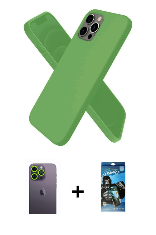 ieg™ iPhone 12 Pro Max Kılıf Kozmos Yansıma Özel Seri - Siyah 34D Izgaralı Cam + Yeşil Neon Fosforlu