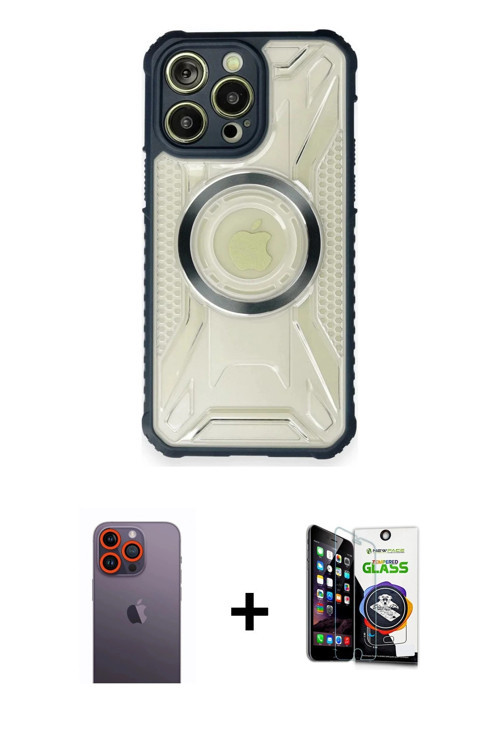 iPhone 12 Pro Max Kılıf Kutup Modern - Şeffaf Temperli Cam Ekran Koruyucu + Turuncu Neon Fosfor