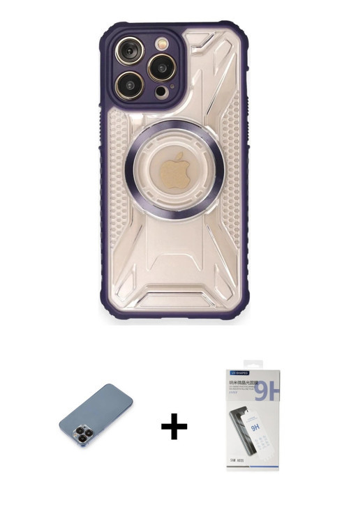 ieg™ iPhone 12 Pro Max Kılıf Kutup Modern - Şeffaf Uv Polymer Nano Ekran Koruyucu + Siyah Metal Kame