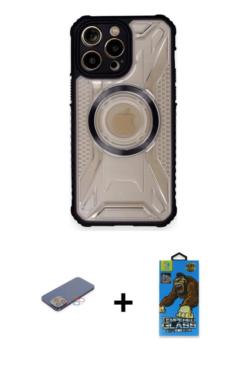 iPhone 12 Pro Max Kılıf Kutup Modern - Siyah 18D Cam Ekran Koruyucu + Pembe Renkli Kamera Lens