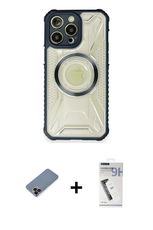 ieg™ iPhone 12 Pro Max Kılıf Kutup Modern - Şeffaf Uv Polymer Nano Ekran Koruyucu + Siyah Metal Kame
