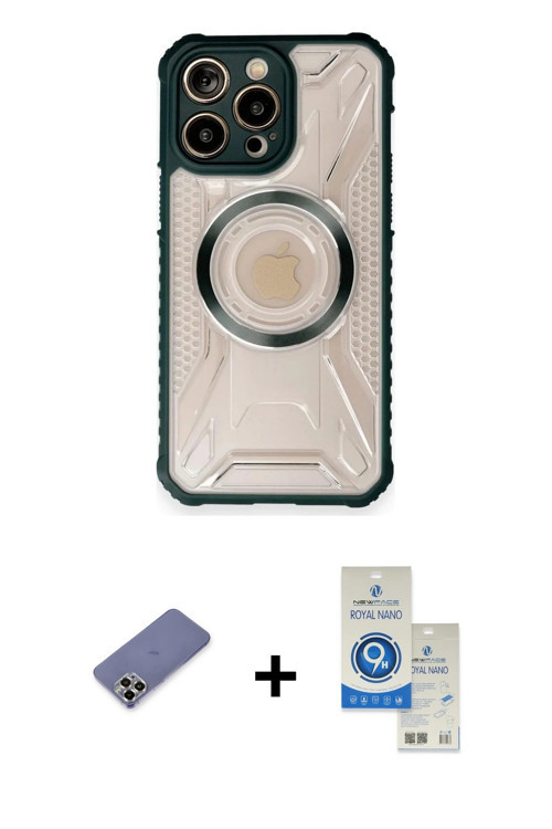 iPhone 12 Pro Max Kılıf Kutup Modern - Şeffaf Royal Nano Ekran Koruyucu + Gold Metal Kamera Len