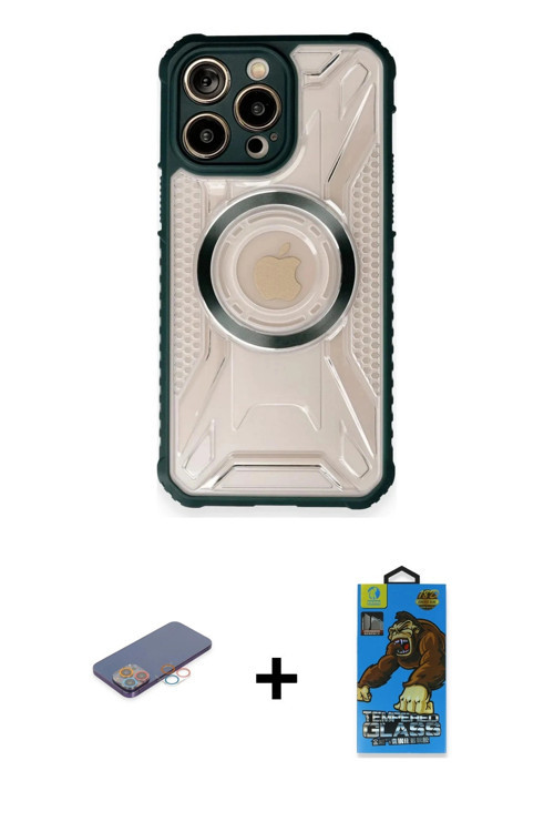 iPhone 12 Pro Max Kılıf Kutup Modern - Siyah 18D Cam Ekran Koruyucu + Pembe Renkli Kamera Lens