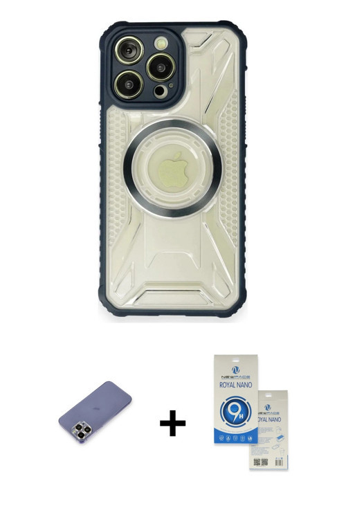 iPhone 12 Pro Max Kılıf Kutup Modern - Şeffaf Royal Nano Ekran Koruyucu + Gold Metal Kamera Len