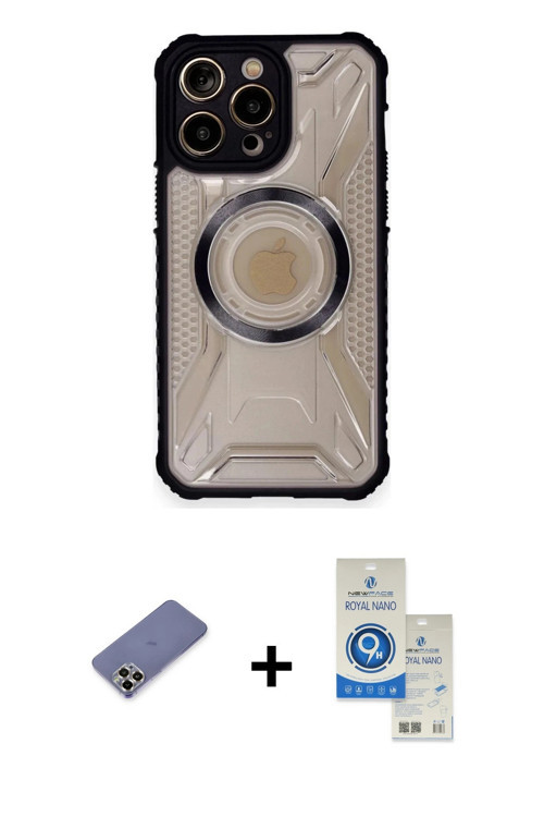 iPhone 12 Pro Max Kılıf Kutup Modern - Şeffaf Royal Nano Ekran Koruyucu + Gold Metal Kamera Len