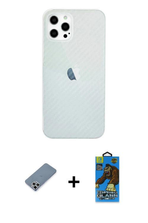 iPhone 12 Pro Max Kılıf Nova Çizgi - Siyah 18D Cam Ekran Koruyucu + Gümüş Metal Kamera Lens Kor