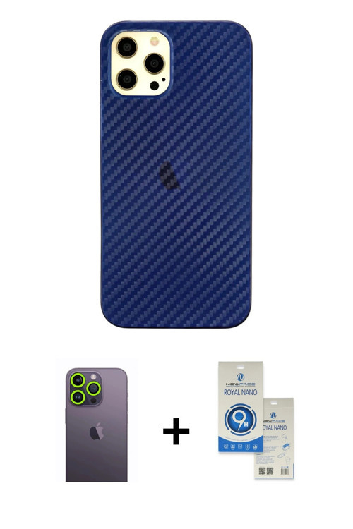 iPhone 12 Pro Max Kılıf Nova Çizgi - Şeffaf Royal Nano Ekran Koruyucu + Yeşil Neon Fosforlu Kam