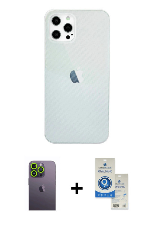 iPhone 12 Pro Max Kılıf Nova Çizgi - Şeffaf Royal Nano Ekran Koruyucu + Yeşil Neon Fosforlu Kam