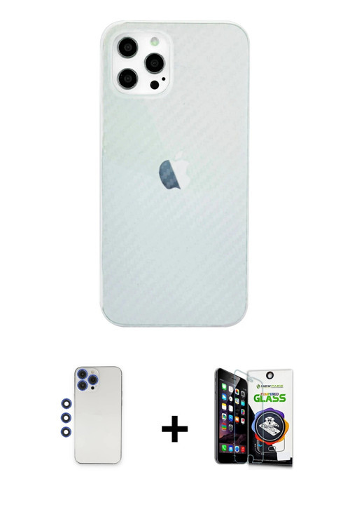 iPhone 12 Pro Max Kılıf Nova Çizgi - Şeffaf Temperli Cam Ekran Koruyucu + Lacivert Shine Kamera