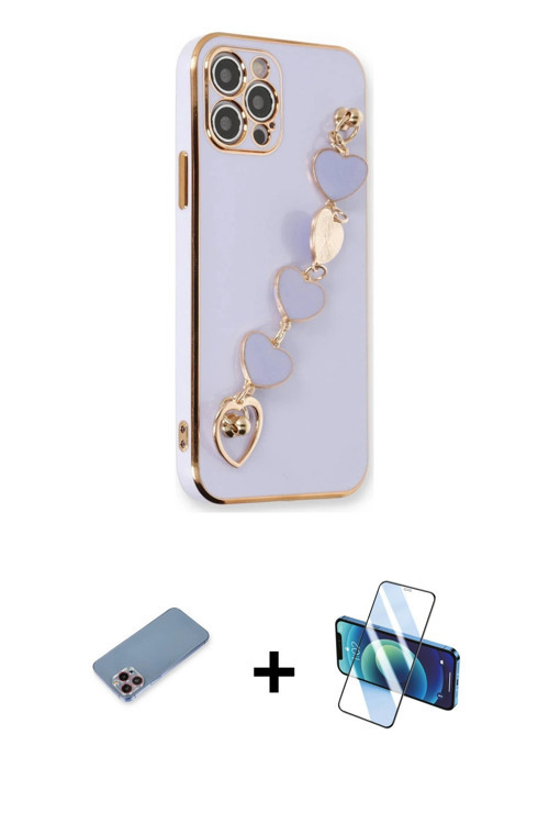 iPhone 12 Pro Max Kılıf Nova Işık Prime - Siyah 3D Antistatik Cam Ekran Koruyucu + Pembe Shine